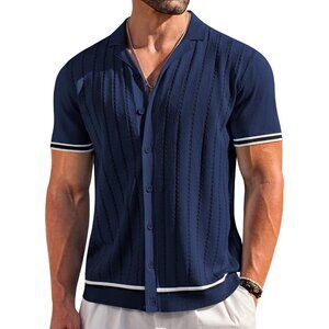 Men's Blue Short Sleeve Knit Shirt Casual Button Down Shirt Vintage